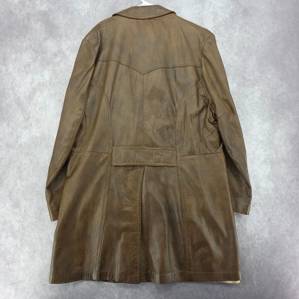 Vintage Grais Brown Leather Trench Coat Mens 48 Western Yoke Jacket Made in USA